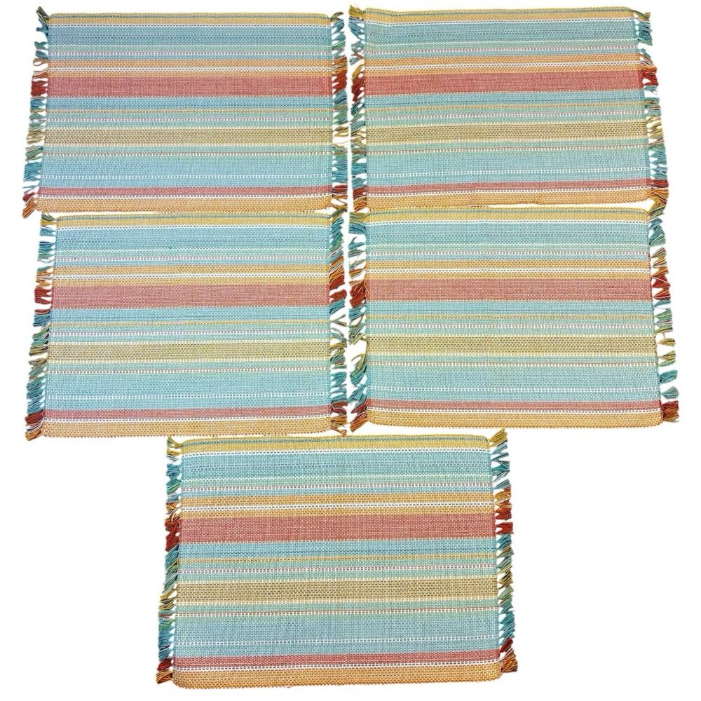 5 Food Network Placemats Woven Multicolor Stripe w/ Fringed Cotton Kohls 19"x14"